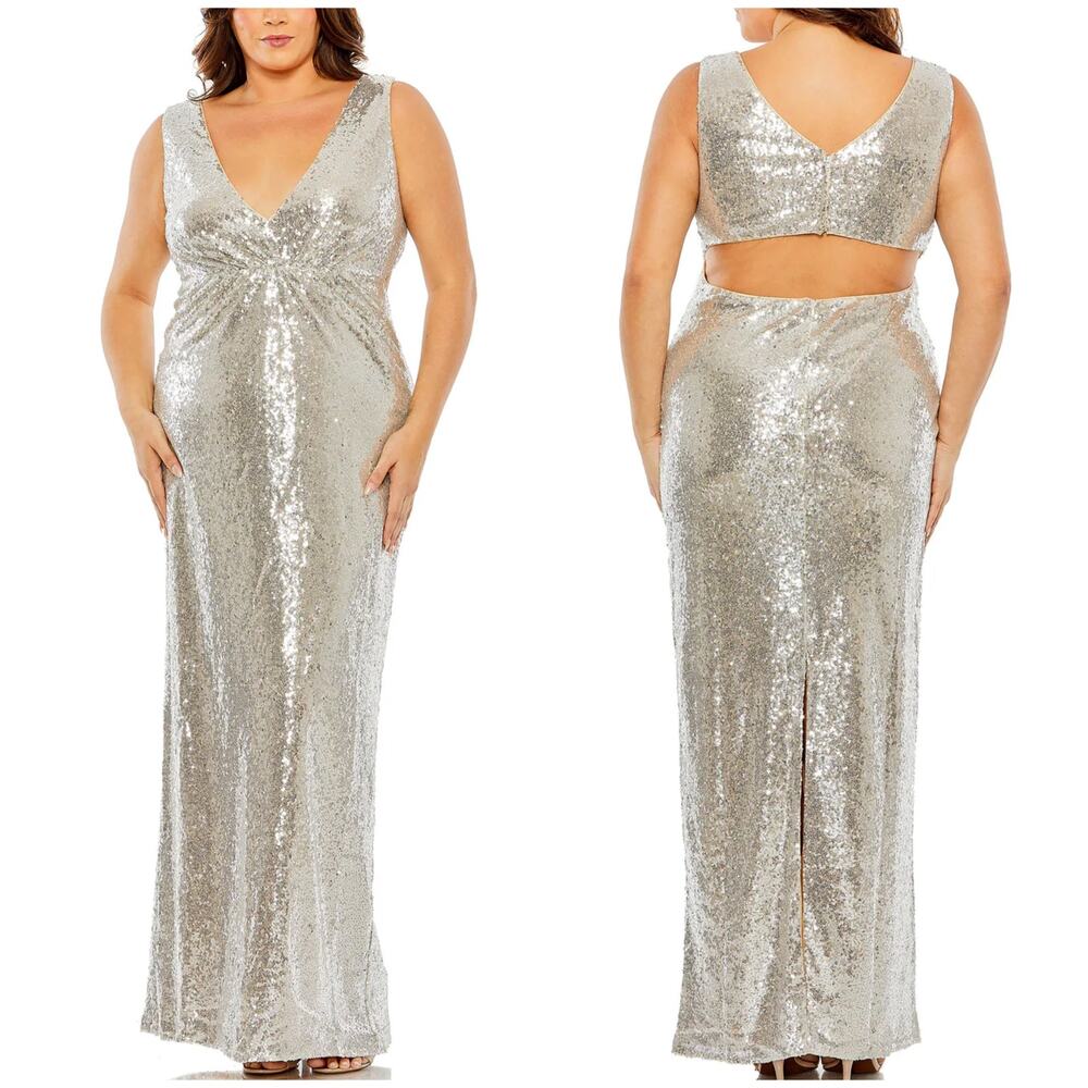 Mac Duggal NWT Silver Nude Cutout Back Sequin Gown Dress Size 20W Sleeveless